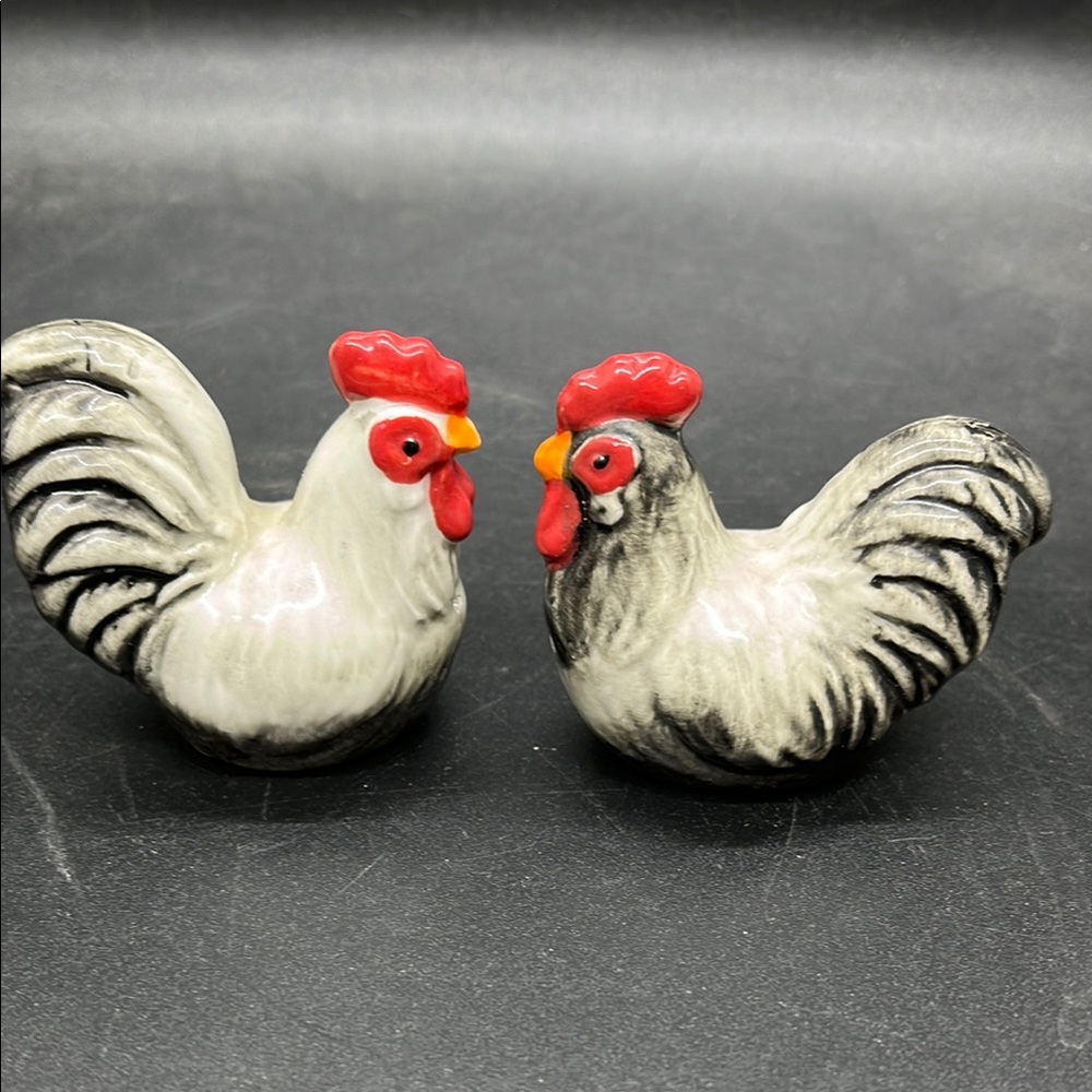 Ceramic Rooster Salt and Pepper Shakers - White and Red Chicken Farmhouse